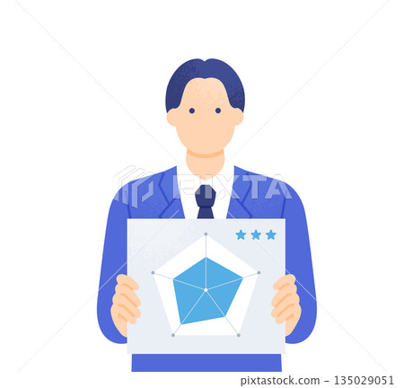 Illustration of a man holding a radar chart that visualizes his abilities and skills. Illustration of a man holding a radar chart that visualizes his abilities and skills. 135029051