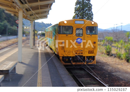 A Nichinan-colored Kiha 40 train entering Obi Station on the Nichinan Line (Nichinan City, Miyazaki Prefecture) 135029287