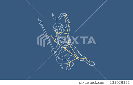 Line drawing of a person and constellation line of Boötes (navy background) 135029351