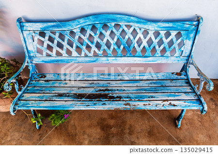 The old rustic bench in the porch at the house in Pedasi, Panama The old rustic bench in the porch at the house in Pedasi, Panama 135029415