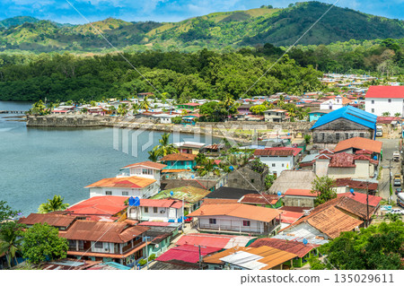 Aerial view of Portobelo village from the Peru Lookout Point in Portobelo, Panama. Aerial view of Portobelo village from the Peru Lookout Point in Portobelo, Panama. 135029611