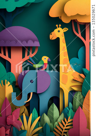 Jungle elephant, giraffe, and parrot paper cutout style paper art (vertical) 135029671