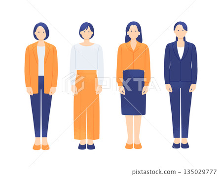 身著職業套裝和休閒辦公服裝的女性。一群幹練的職業女性的插圖。 135029777