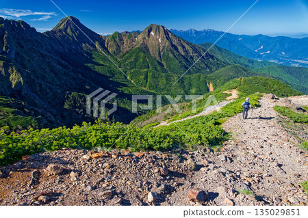 登山客沿著八嶽山脈的魚尾嶽山脊行走，可以遠眺赤岳、阿彌陀岳和南阿爾卑斯山脈。 135029851