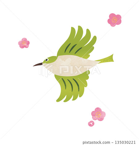 Watercolor textured Japanese white-eye and plum blossoms Spring wild birds 135030221