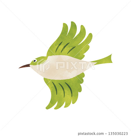 Flying Japanese White-eye with watercolor texture Spring wild bird 135030223
