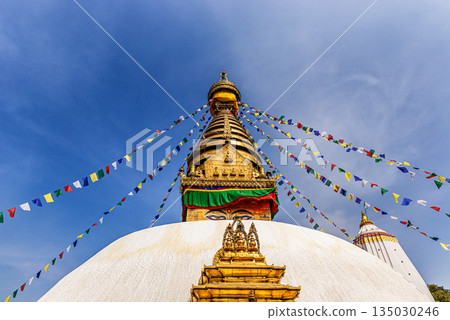 Swayambhunath Stupa located on the top of the hill and overlooking the city of Kathmandu in Nepal. Swayambhunath Stupa located on the top of the hill and overlooking the city of Kathmandu in Nepal. 135030246