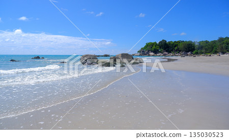 Beautiful Sungailiat Tropical Beach Landscape with White Sand Granite Rocks and Blue Sky in Bangka Island Indonesia Beautiful Sungailiat Tropical Beach Landscape with White Sand Granite Rocks and Blue Sky in Bangka Island Indonesia 135030523
