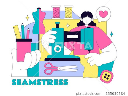 Seamstress Vector Illustration Featuring a Fashion Designer Sewing Dresses and Creating Outfits Inside a Tailor Shop with a Flat Style Background Seamstress Vector Illustration Featuring a Fashion Designer Sewing Dresses and Creating Outfits Inside a Tailor Shop with a Flat Style Background 135030584