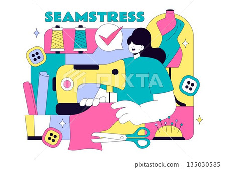 Seamstress Vector Illustration Featuring a Fashion Designer Sewing Dresses and Creating Outfits Inside a Tailor Shop with a Flat Style Background Seamstress Vector Illustration Featuring a Fashion Designer Sewing Dresses and Creating Outfits Inside a Tailor Shop with a Flat Style Background 135030585
