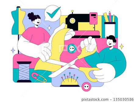 Seamstress Vector Illustration Featuring a Fashion Designer Sewing Dresses and Creating Outfits Inside a Tailor Shop with a Flat Style Background Seamstress Vector Illustration Featuring a Fashion Designer Sewing Dresses and Creating Outfits Inside a Tailor Shop with a Flat Style Background 135030586
