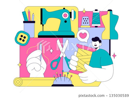 Seamstress Vector Illustration Featuring a Fashion Designer Sewing Dresses and Creating Outfits Inside a Tailor Shop with a Flat Style Background Seamstress Vector Illustration Featuring a Fashion Designer Sewing Dresses and Creating Outfits Inside a Tailor Shop with a Flat Style Background 135030589