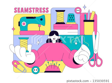 Seamstress Vector Illustration Featuring a Fashion Designer Sewing Dresses and Creating Outfits Inside a Tailor Shop with a Flat Style Background Seamstress Vector Illustration Featuring a Fashion Designer Sewing Dresses and Creating Outfits Inside a Tailor Shop with a Flat Style Background 135030591