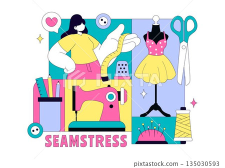 Seamstress Vector Illustration Featuring a Fashion Designer Sewing Dresses and Creating Outfits Inside a Tailor Shop with a Flat Style Background Seamstress Vector Illustration Featuring a Fashion Designer Sewing Dresses and Creating Outfits Inside a Tailor Shop with a Flat Style Background 135030593
