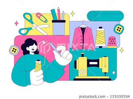 Seamstress Vector Illustration Featuring a Fashion Designer Sewing Dresses and Creating Outfits Inside a Tailor Shop with a Flat Style Background Seamstress Vector Illustration Featuring a Fashion Designer Sewing Dresses and Creating Outfits Inside a Tailor Shop with a Flat Style Background 135030594