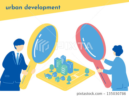 Business person analyzing a city with a magnifying glass 135030786
