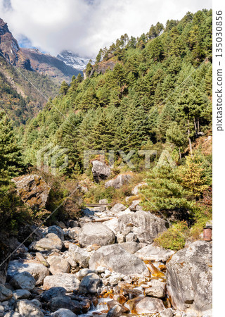 River in Himalaya on Everest Base Camp Trek in Nepal. 135030856