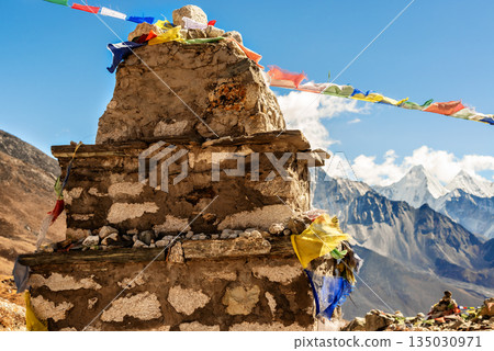 The memorial place on Everest Base Camp trek outside the village of Dughla in Nepal. 135030971