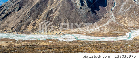Scenic valley with river in Himalayan mountains between Tengboche and Lobuche, Nepal. 135030979