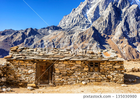 Built from stones Sherpoa house in Nepal. 135030980