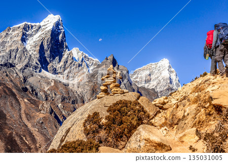 Pheriche  valley view with Himalayan mountain peaks, Dingboche, Nepal. 135031005