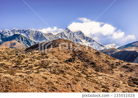 Himalayan mountains landscape on the trail between Pheriche and Namche Bazaar in Nepal. 135031028
