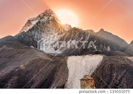 Sunrise in Himalayan mountains near Pheriche in Nepal. Sunrise in Himalayan mountains near Pheriche in Nepal. 135031075