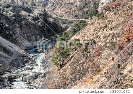 Imja Khola river landscape on Everest Base Camp Trek in Nepal. 135031082