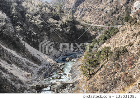 Imja Khola river landscape on Everest Base Camp Trek in Nepal. Imja Khola river landscape on Everest Base Camp Trek in Nepal. 135031083