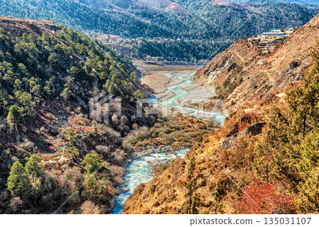 Imja Khola river landscape on Everest Base Camp Trek in Nepal. Imja Khola river landscape on Everest Base Camp Trek in Nepal. 135031107