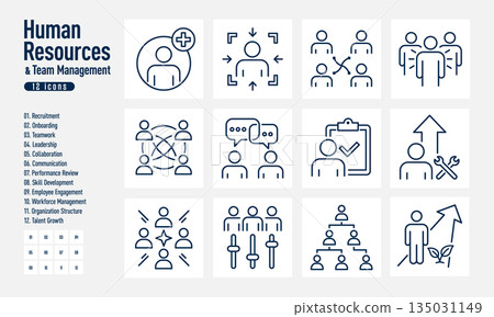 一套包含 12 個線條商務圖標，適用於人力資源和團隊管理 135031149