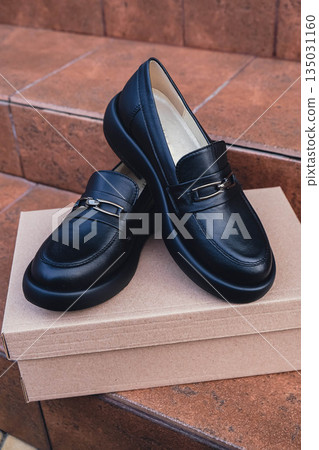 Elegant black leather womens shoes displayed on recycled cardboard box. New black leather female shoes with glossy finish, perfect for style magazines footwear ads and modern elegant fashion e 135031160