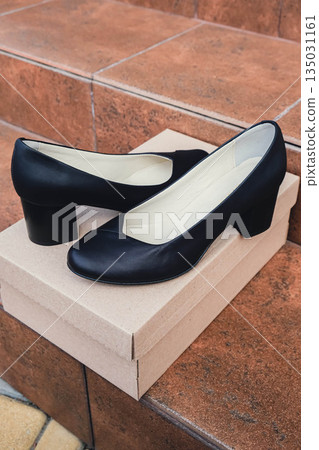 Elegant black leather womens shoes displayed. New black leather female shoes with glossy finish, perfect for style magazines footwear ads and modern elegant fashion e-commerce layouts. No logo 135031161