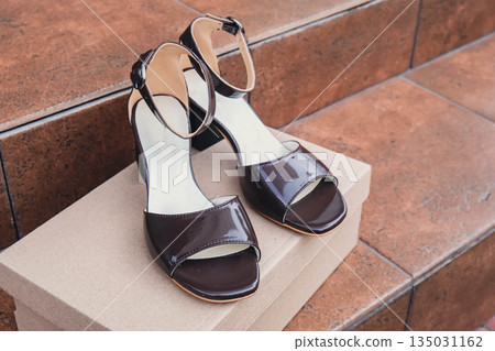 Elegant patent leather sandals high heels blank product for branding displayed. New casual female sandals no-brand footwear e-commerce. No logo product unbranded fashion footwear 135031162