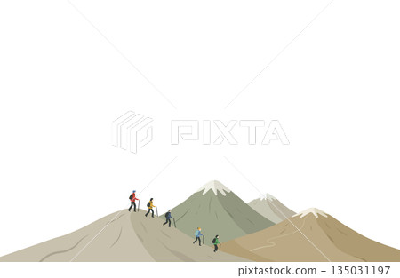 手繪風格插畫，描繪了一群人享受登山樂趣，背景是巍峨的山脈。 135031197