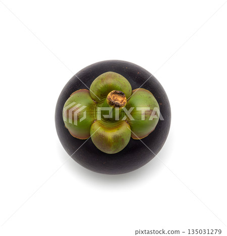 Mangosteen Fruit Whole Top View Showing Green Calyx 135031279