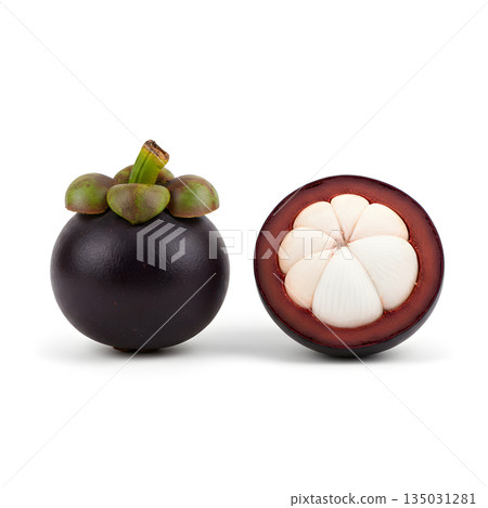 Mangosteen Fruit Whole and Half Cut Side View 135031281
