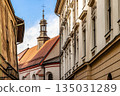 Houses and church roof in old town district of Cracow in Poland 135031289