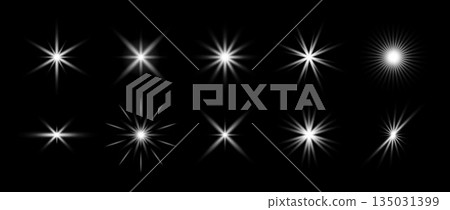 White glowing sparkle set. Shining light flare effect collection. Radiant sun beam burst bundle. Magical stars, twinkles and sparks glowing pack. Starlight rays radiance sun elements. Vector 135031399