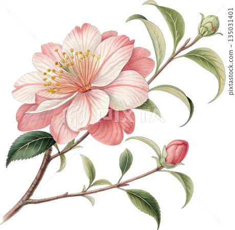 淡色的春花，精緻的日式植物插圖 135031401