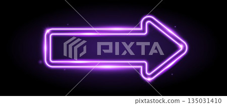 Purple neon arrow element. Violet pink glowing led direction sign. Shine tube lamps in arrowhead shape. Vector neon led light. Bright luminous fluorescent pointer effect for banner, poster, logo 135031410