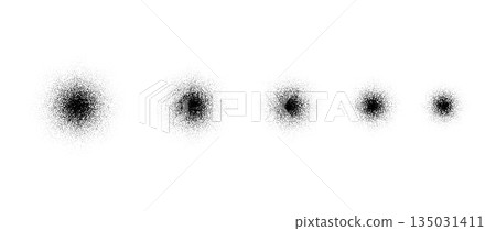 Radial grain brush stroke set. Circle stippled noise gradient collection. Dotted splatter overlay spots. Grunge sprinkle dotted spray texture. Vector gritty splashed piles. Round dust sand elements 135031411