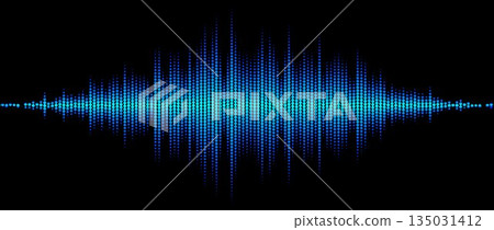 Neon blue abstract sound wave element. Dotted music equalizer shape design. Audio radio signal visualization concept. Shining digital voice assistant line pattern. Song track sample player. Vector 135031412