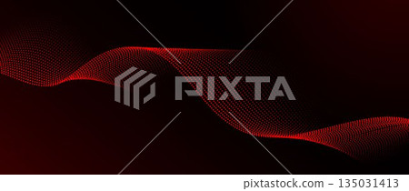 Red dotted wavy pattern background. Dark red flowing wave particles concept. Tech halftone curved lines wallpaper for science banner, technology poster, presentation, booklet, flyer. Vector Red dotted wavy pattern background. Dark red flowing wave particles concept. Tech halftone curved lines wallpaper for science banner, technology poster, presentation, booklet, flyer. Vector 135031413