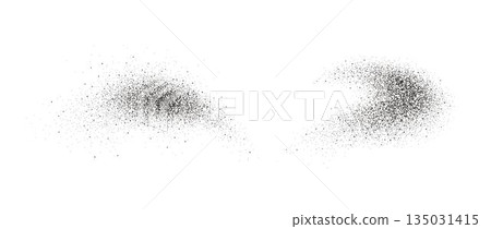 Black pepper powder splashes. Flying seasoning particles burst. Grey dust sand and dirt textured piles. Salt and pepper flakes scattered on surface. Dried spicy explosion. Vector illustration 135031415