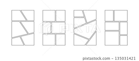 Comic book panel frame collection. Pop art template grid page set. Empty image collage moodboard layout pack. Picture mood board ideas. Storyboard design pack for photo, poster, manga mockup. Vector 135031421
