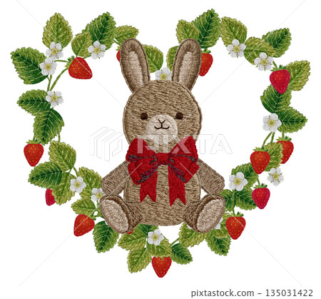 [Strawberry and rabbit plush toy heart frame] Hand embroidery illustration material 135031422