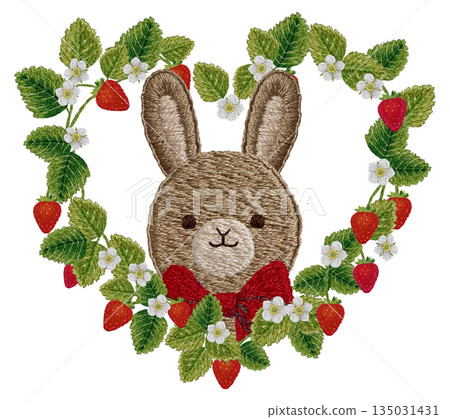 [Strawberry and rabbit plush toy heart frame] Hand embroidery illustration material 135031431