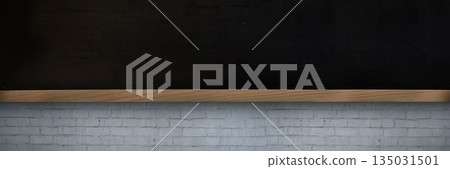 Flat design is showing large black chalkboard mounted on painted gray brick wall with wooden ledge Flat design is showing large black chalkboard mounted on painted gray brick wall with wooden ledge 135031501