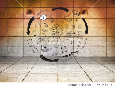 Hand-drawn flowchart is showing tiled space with pendant lamps, network lightbulb and tech icons Hand-drawn flowchart is showing tiled space with pendant lamps, network lightbulb and tech icons 135031503